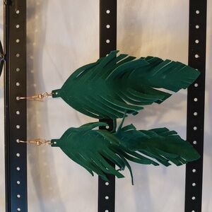 Earrings dark green faux leather. Leaf, feather shape